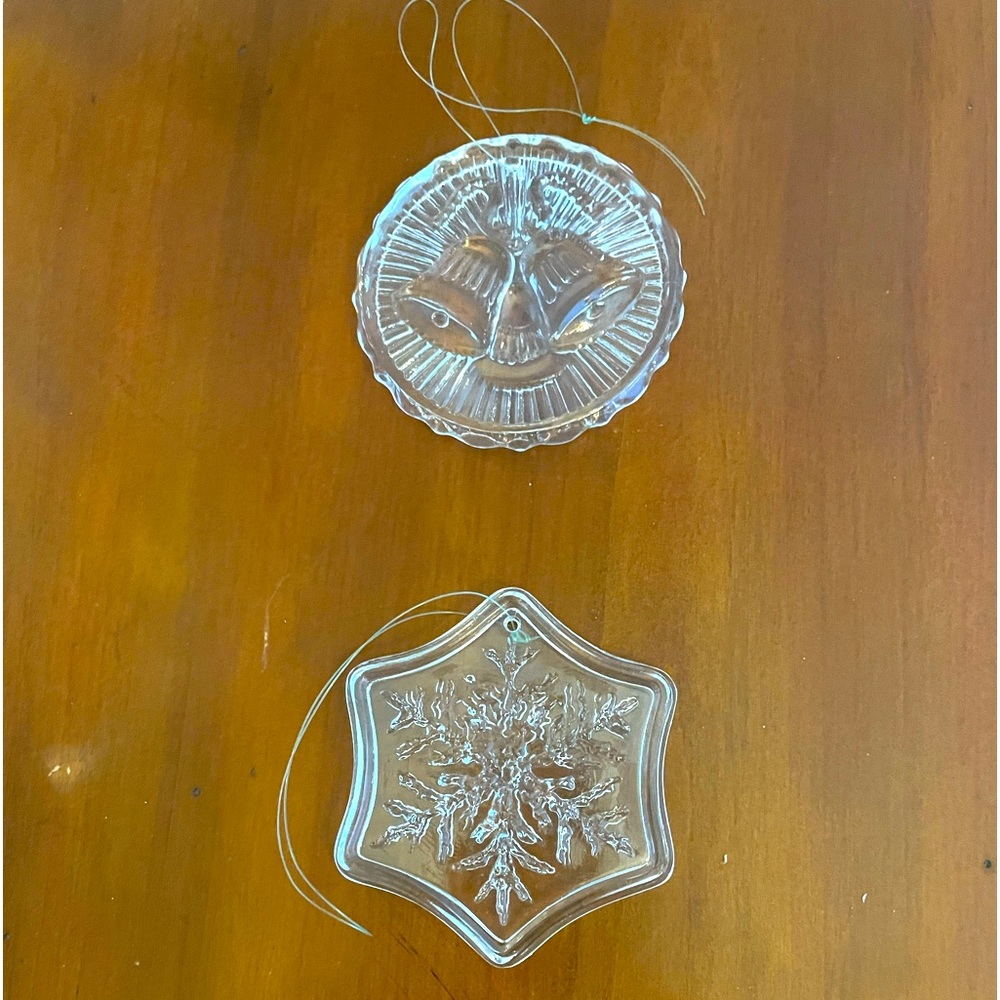 Fosdick glass ornaments (2) with etched bells and snowflake